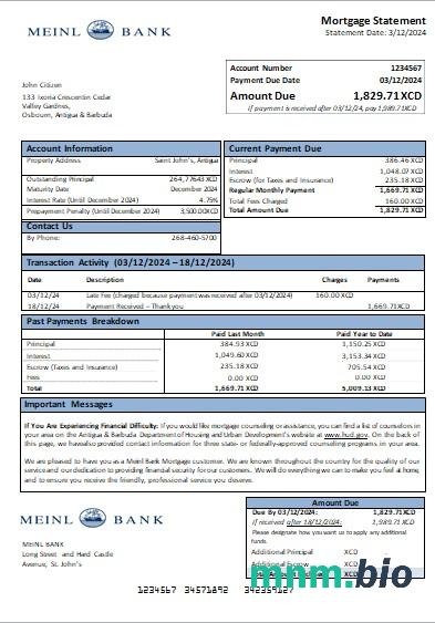 Antigua i Barbuda Bank Meinl wyciąg z kredytu hipotecznego szablon Word i PDF